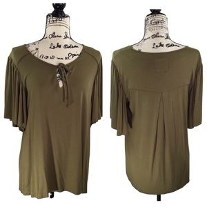CHASER - Short Flutter Sleeve + Tie Keyhole Front Top Army Green NWT - M